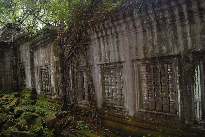 Des racines d’arbres recouvrent un mur de temple en pierre aux fenêtres barrées